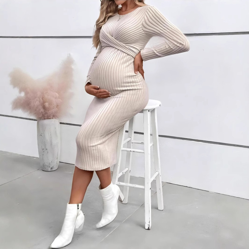 Maternity Dress Cross-Border Long-Sleeved Maternity Dress Temperament Twisted Slim Maternity Dress One-Piece Dress