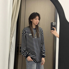 藏青色日系条纹刺绣字母长袖t恤女早秋季设计感小众宽松慵懒上衣