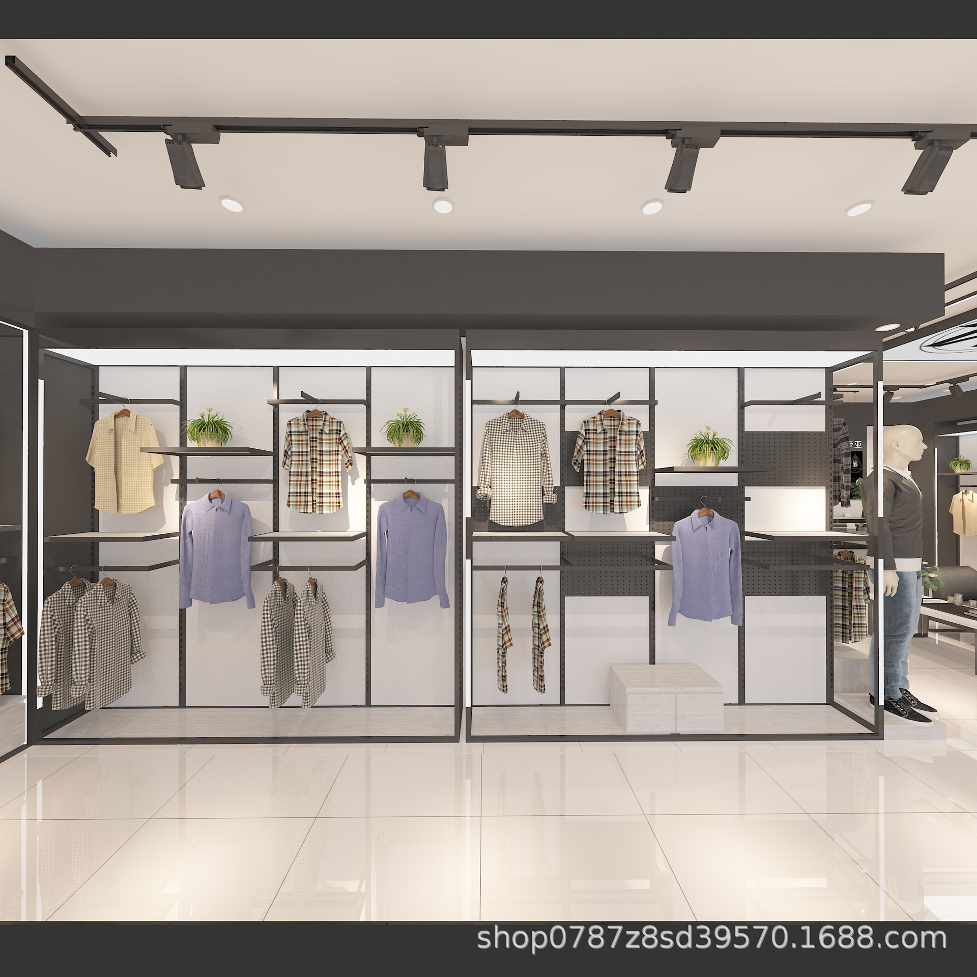 Tienda de exhibición tipo piso con iluminación, estante de exhibición, estante de exhibición de tienda de ropa para hombres, estante de exhibición de tienda de ropa gruesa