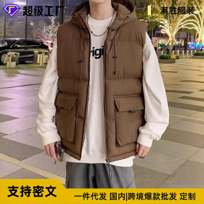 冬季日系大口袋棉衣马甲男加厚连帽坎肩无袖棉服保暖宽松马夹外套