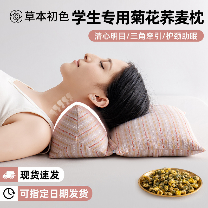 菊花荞麦壳枕头成人护颈椎助睡眠枕芯学生宿舍圆柱牵引组合枕|undefined