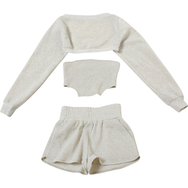 Autumn Winter Women Clothing Solid Color Sexy Tube Top Vest Cardigan Outer Casual Shorts Three Piece Set for Women