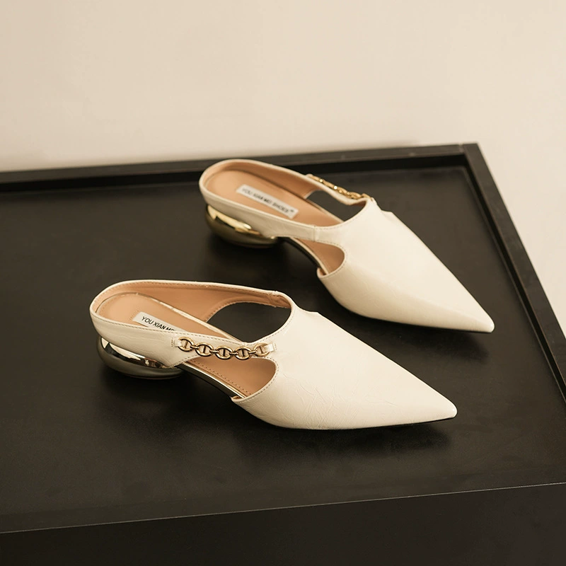 3588 французские ретро-полутапочки с острым носком и металлической цепочкой для женщин, которые можно носить на улице. Сандалии Muller для женщин, модные и простые.