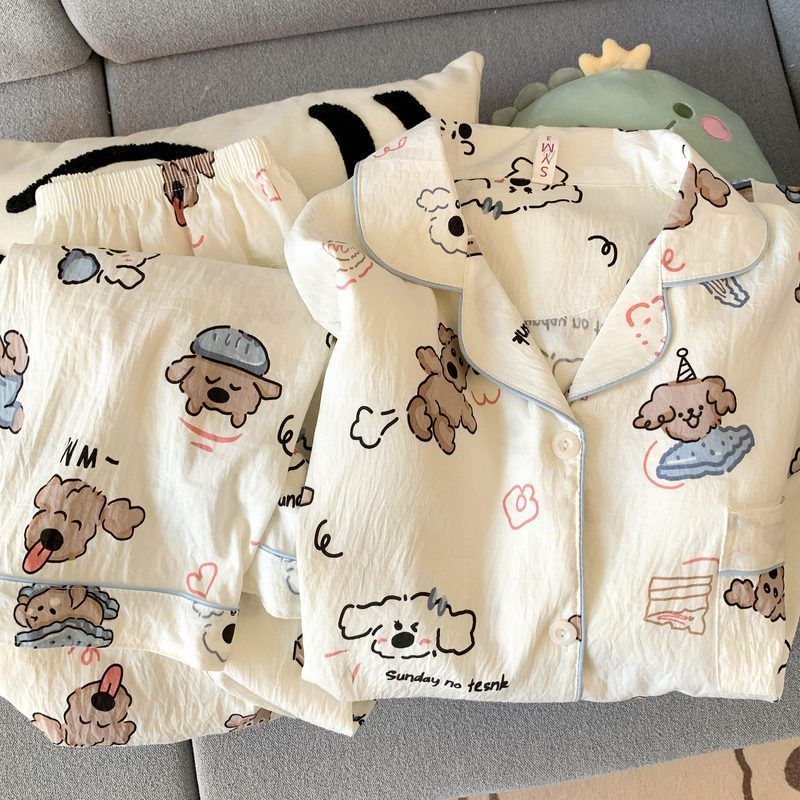 Pijamas de algodón de nube al por mayor transfronterizo, pantalones de manga larga para mujer, solapa, otoño nuevo estilo, linda rebeca, dulce servicio a domicilio, gato kt