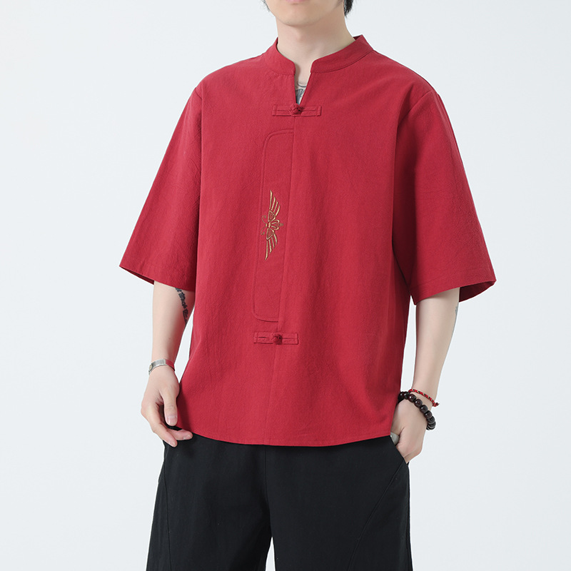 2025新款中国风男装刺绣宽松大码短袖亚麻T恤潮牌立领休闲上衣男