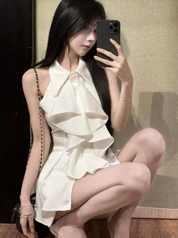 白色荷叶边polo领无袖衬衫上衣女夏季法式气质中长款收腰修身衬衣|undefined