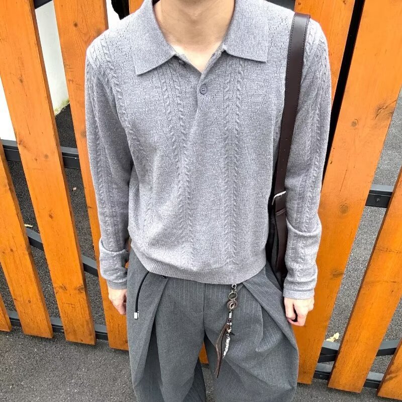 Men's Retro Knit Sweater, Oversized Collared Pullover In Grey_voghion.com