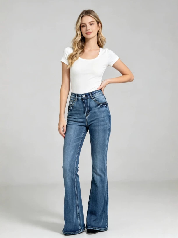 Jeans Acampanados para Mujer de Mezclilla de Algodón, Cintura Alta, Alta Elasticidad, para Uso Casual image 3