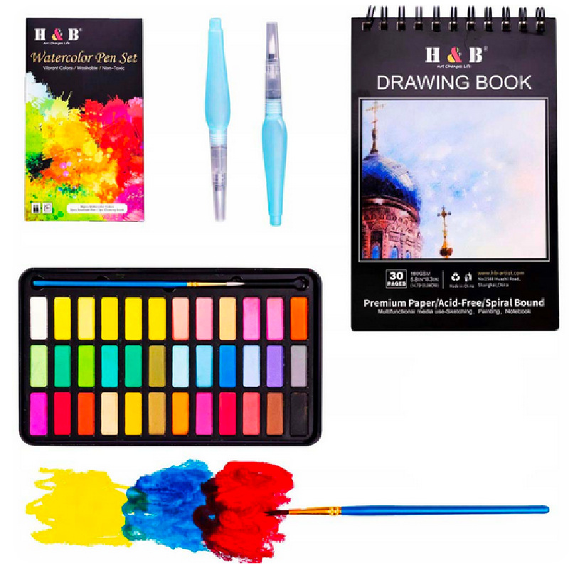 H & B40 piezas sólido traje de acuarela 36 colores pintura gouache suministros arte al por mayor agua del grifo pluma personalización