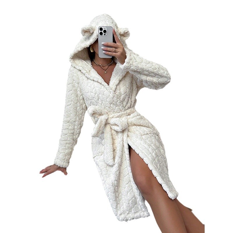 GraceChic GraceChic Cross-Border Coral Fleece Hooded Nightgown For Women, Autumn Winter New European And American Style, High-End Fluffy_voghion.com