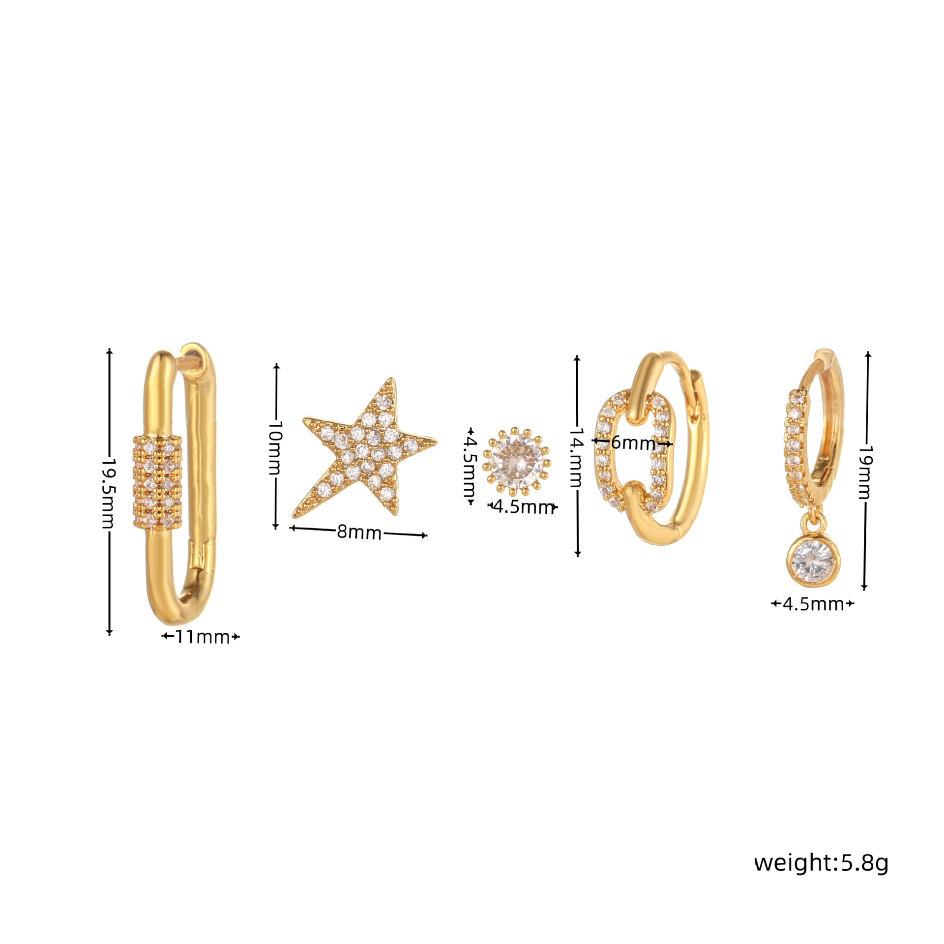Fashion Star Copper Inlay Zircon Ear Studs 5 Pieces