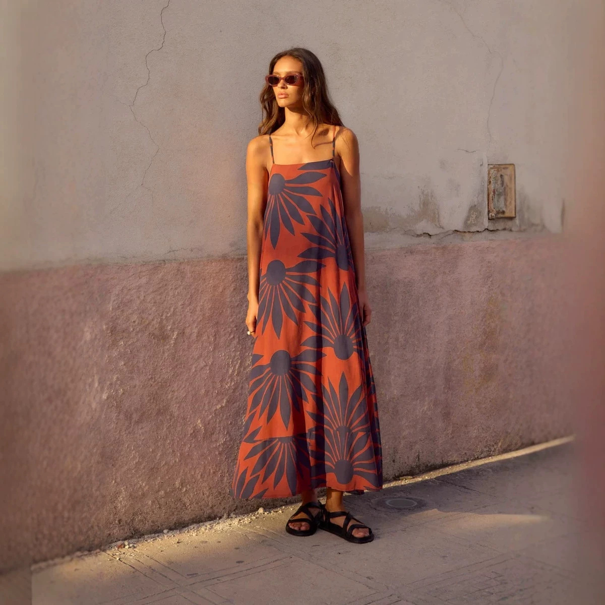 2026 European and American Cross-Border Independent Website New Style Spaghetti Strap Dress, Printed Off-Shoulder Loose A-Line Casual Long Dress