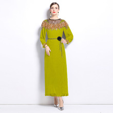 2025高级感名媛范重工钉珠礼服裙气质御姐范灯笼袖压褶宽松长裙