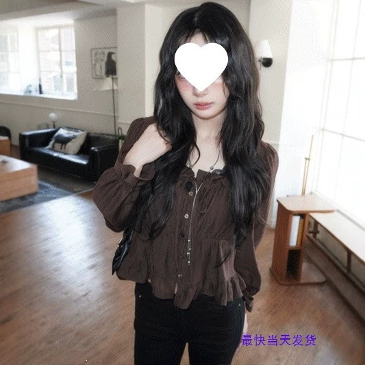 Korean chic college-style sweet ruched short shirt, brown square-neck cute long-sleeve tie-up top