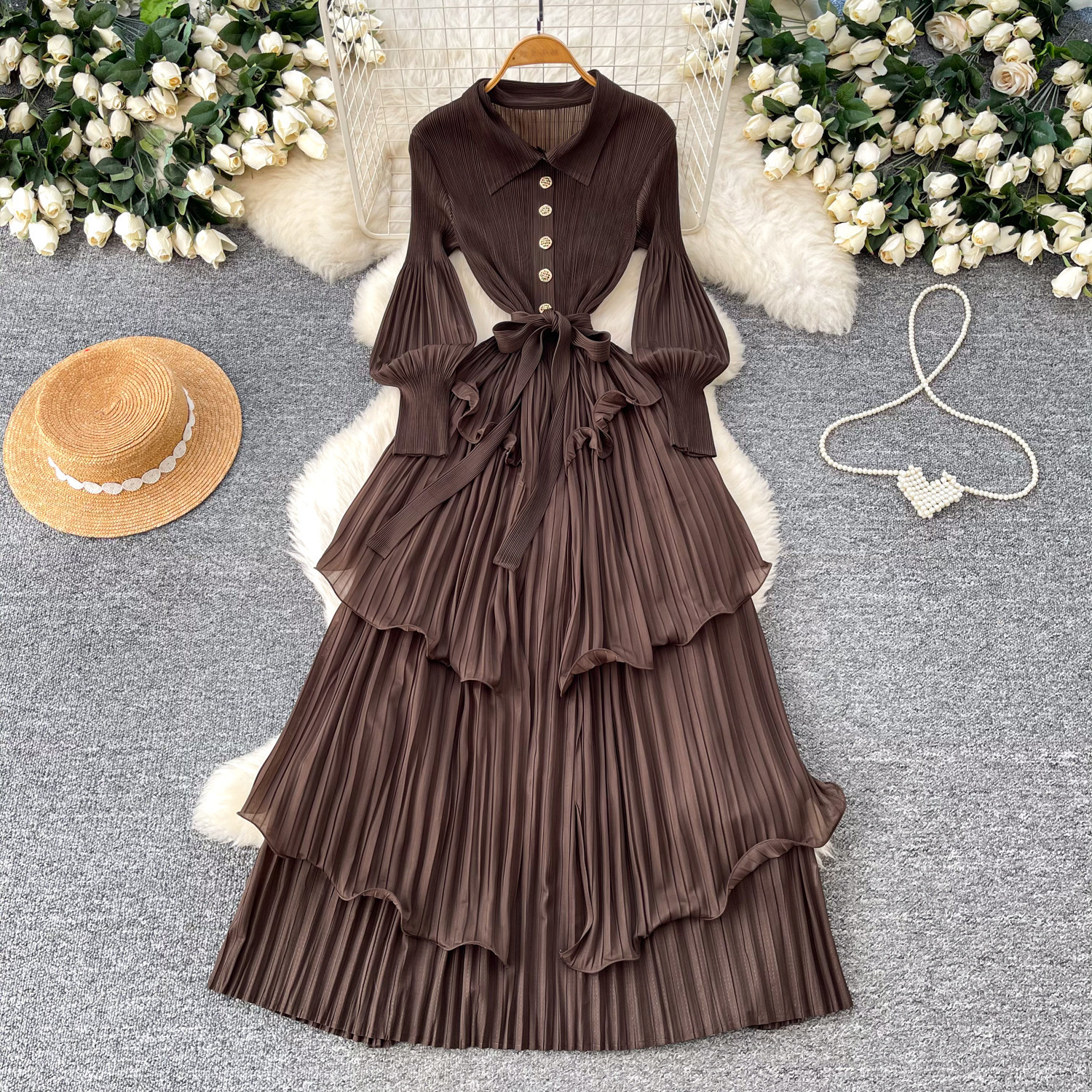 Korean Style Lantern Sleeve Dress, Women's Fitted Waist Tie Ruffle Pleated Cake Skirt, Slimming Long Skirt_ecoleips.com