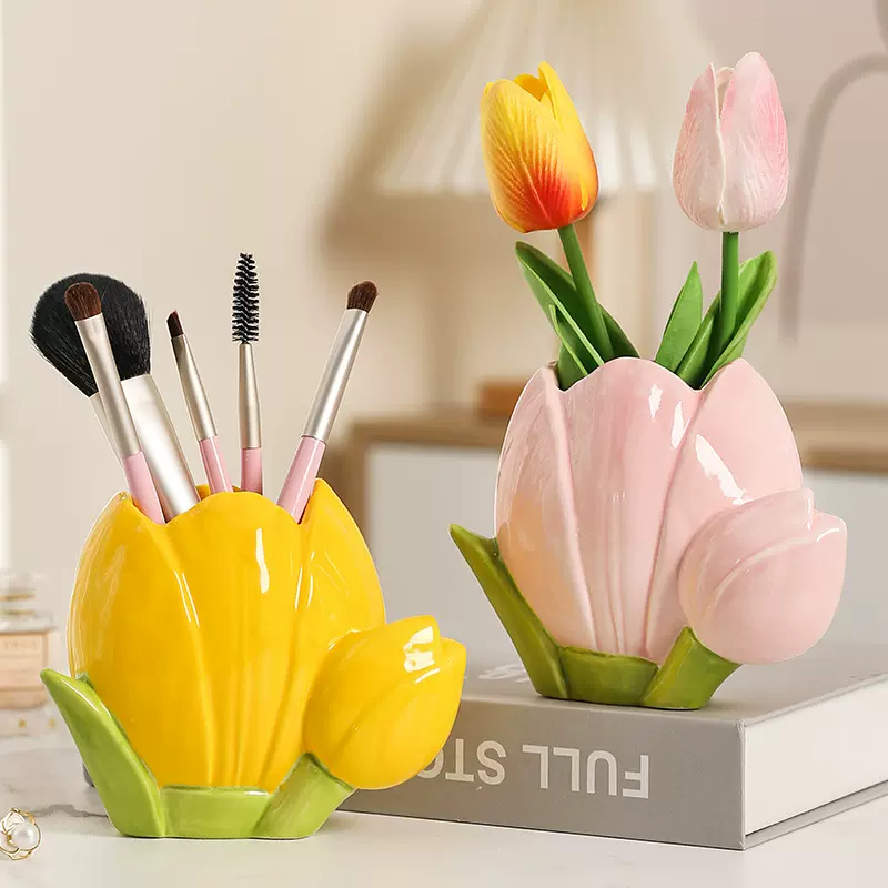创意陶瓷郁金香花瓶收纳盒小众高颜值客厅简约创意笔筒家居小摆件