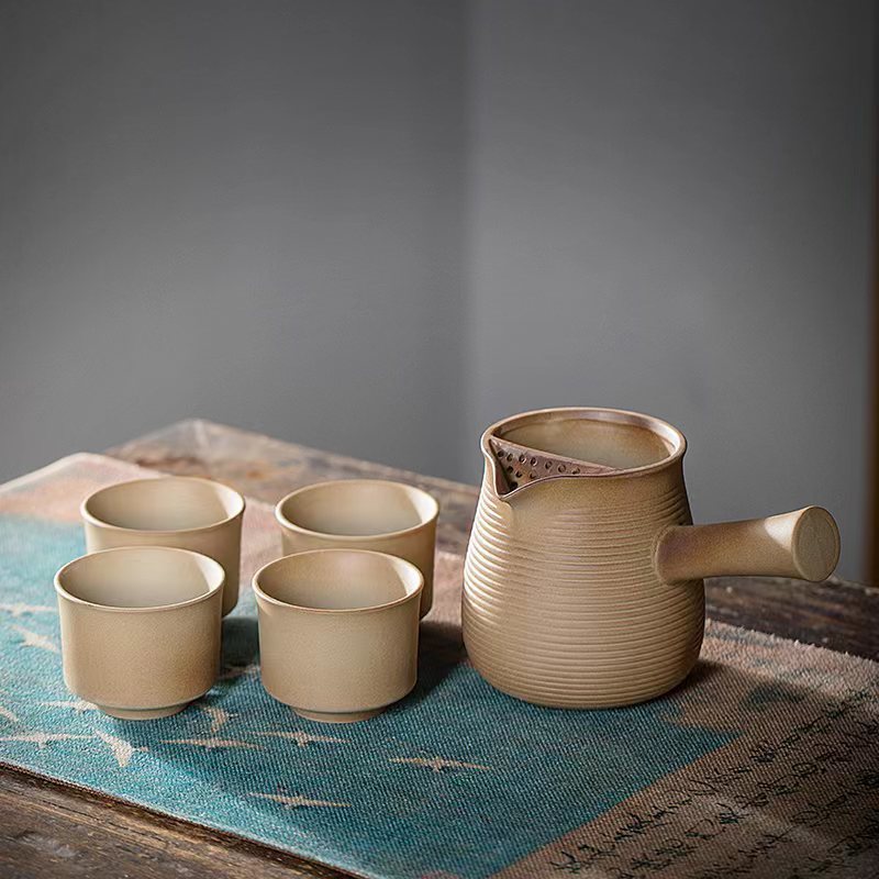 Juego de Té para Preparar con Carbón Vegetal, con Tetera de Cerámica Rústica Vintage, Tetera con Asa Lateral, Jarra, Estilo Chino para Exteriores y Hogar.