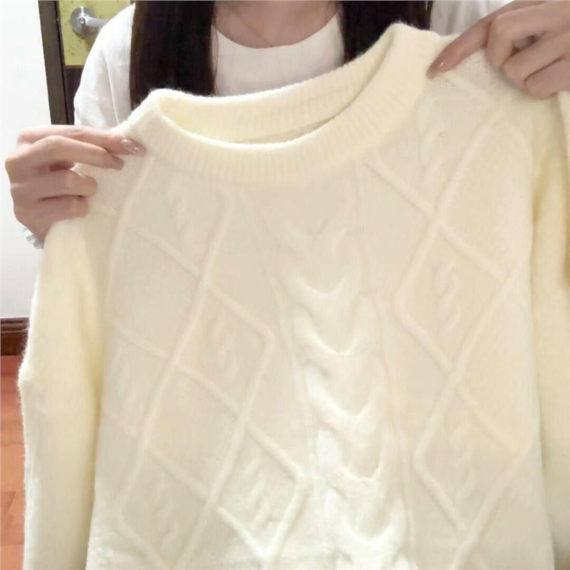 洋气白色麻花针织衫秋冬新款圆领打底衫毛衣宽松加厚套头慵懒上衣