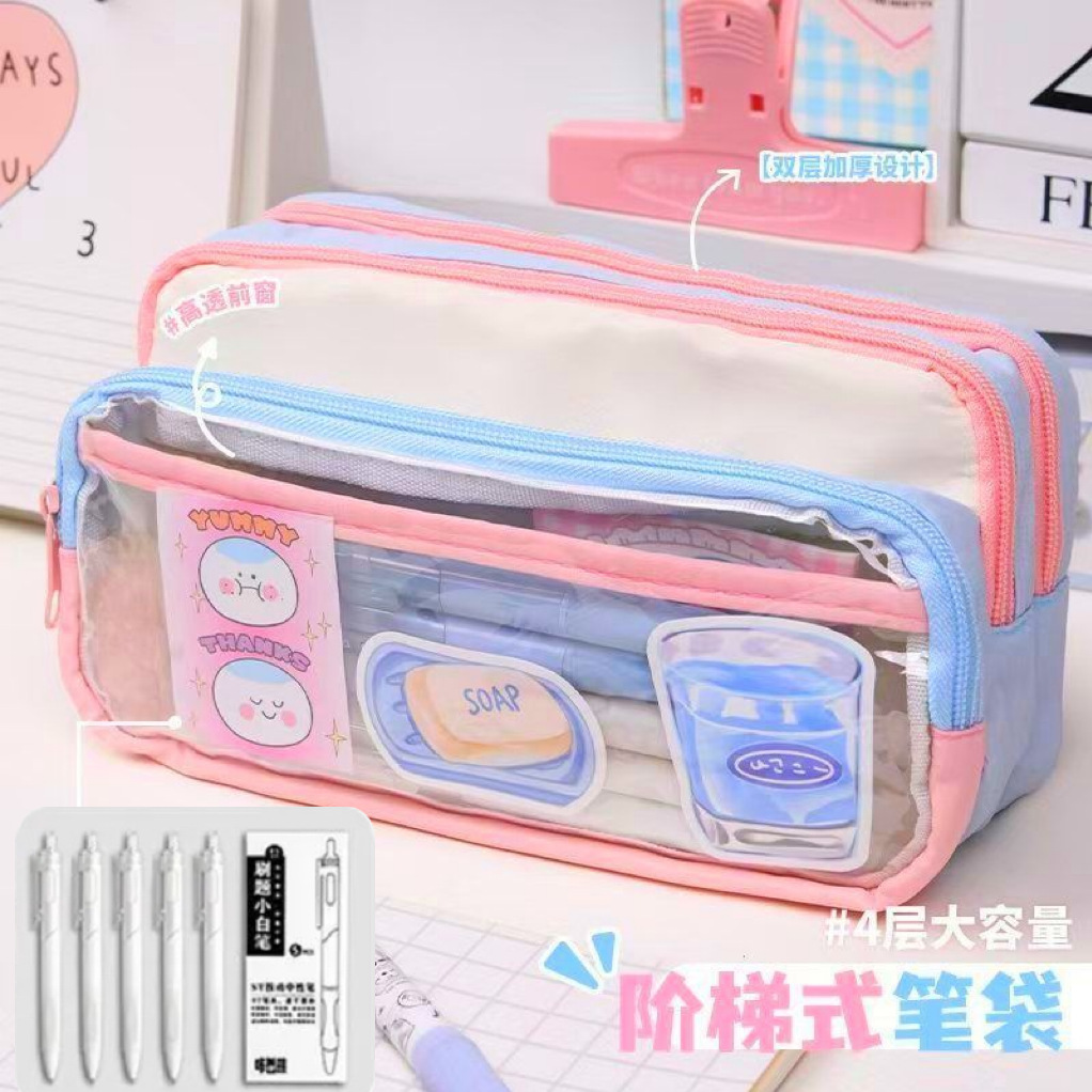 Tamaño a juego de color o00 estuche para lápices bolsa de papelería transparente de gran capacidad bolsa de papelería multifuncional creativa ins japonés de alto valor