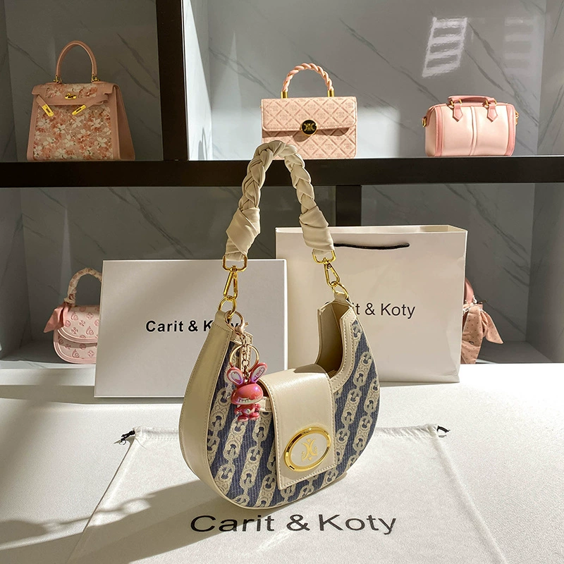Underarm One-Shoulder Bag (Carit & Koty) Woven Crescent, Braided Handle & Detachable Strap, Multi Colors
