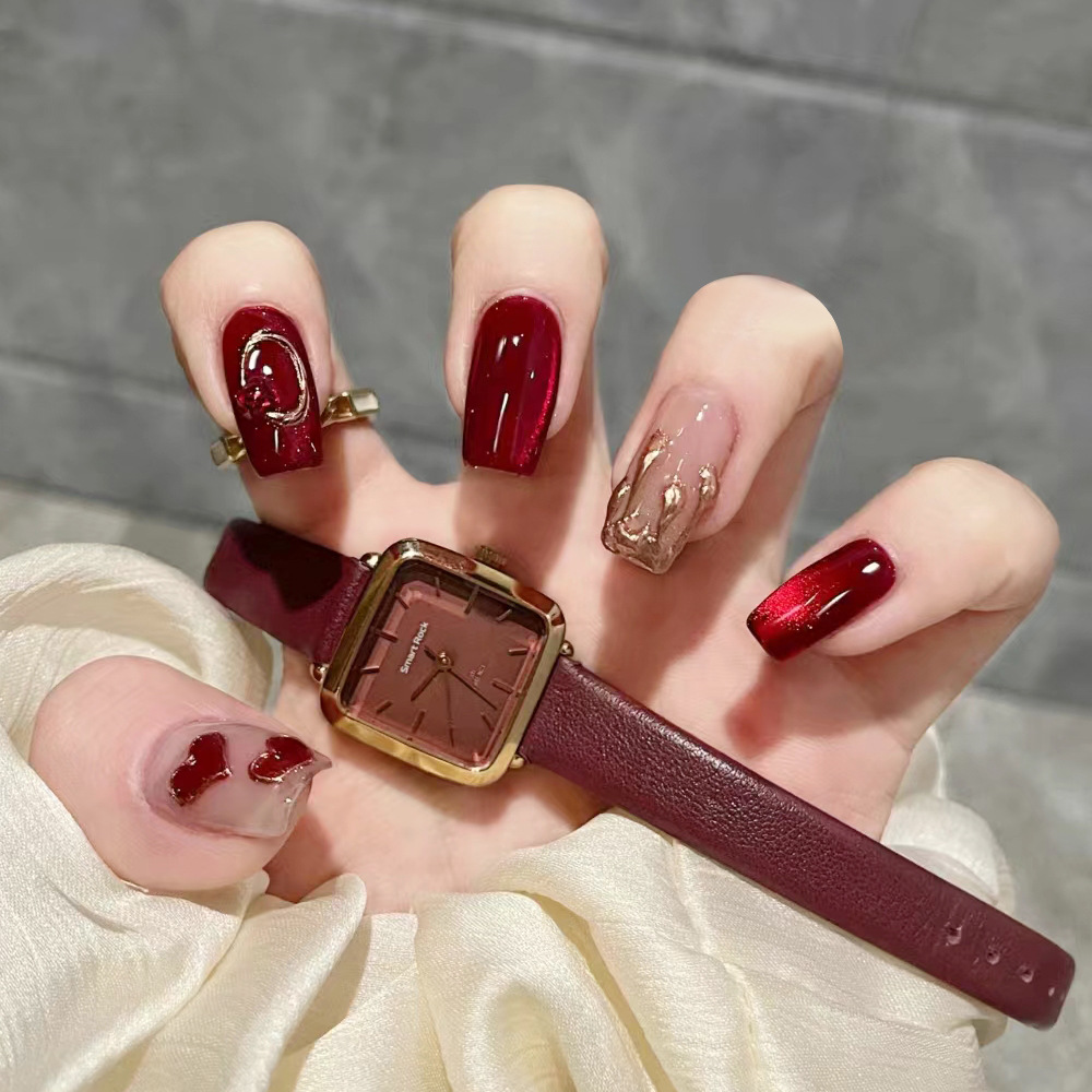 24 piezas de terapia de luz estereoscópica de uñas cortas de vino rojo amor de uñas parches de uñas de ojo de gato de oro