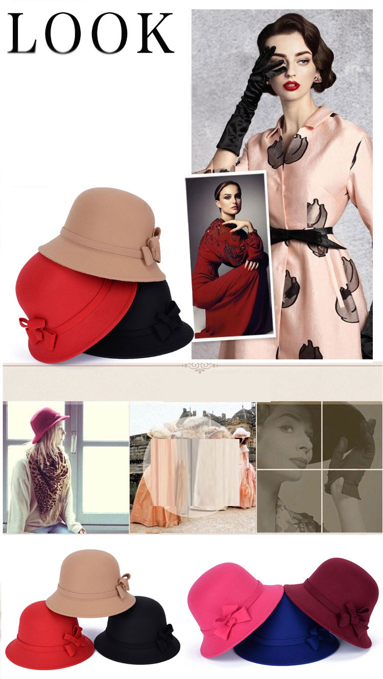 امرأة أنيق الأساسي اللون الصامد Bowknot طنف واسعة قبعة فيدورا display picture 1