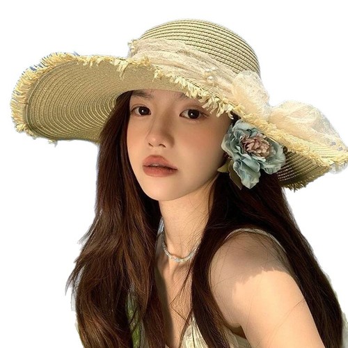New sun protection high-end straw hat big brim lace bow women's sun hat summer outdoor beach hat