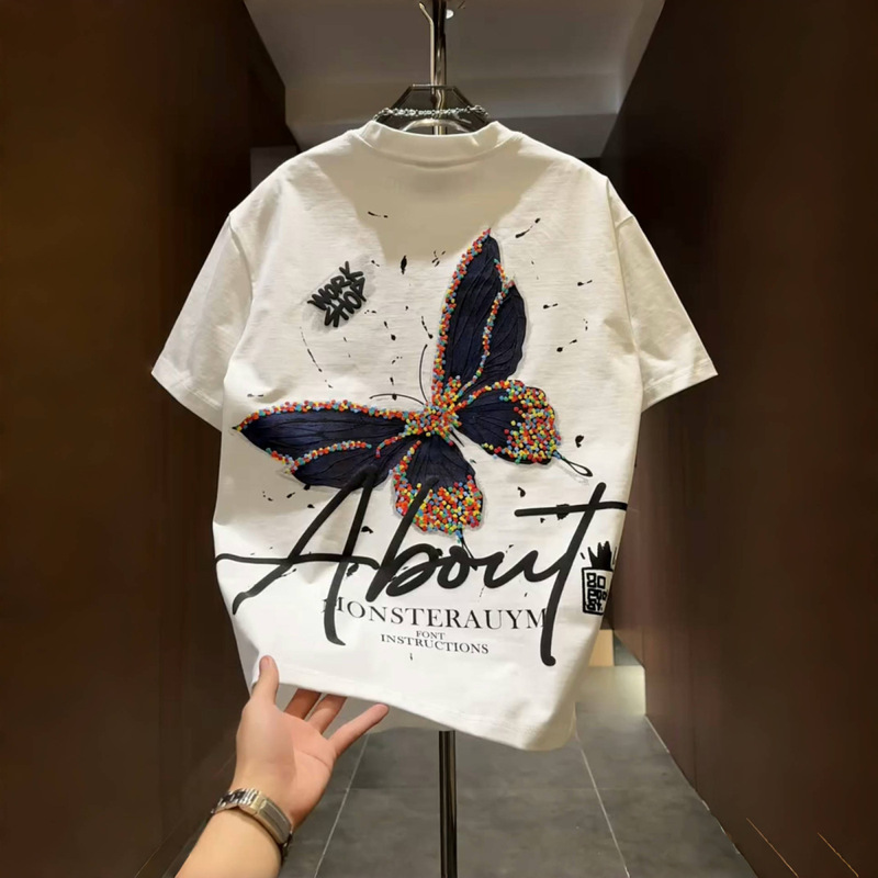 American-Style Loose T-Shirt Short-Sleeved Men's Ins Trendy Brand Personalized Printed Butterfly Pattern Casual Round-Neck Cool Base Shirt