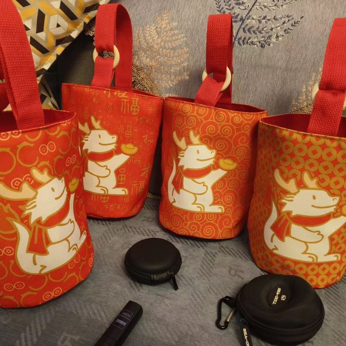 2024 Nuevo dragón año festivo Festival de Primavera cubo bolsa de lona bolso Rojo Bolsa de regalo de Año Nuevo empresa cultural y creativo