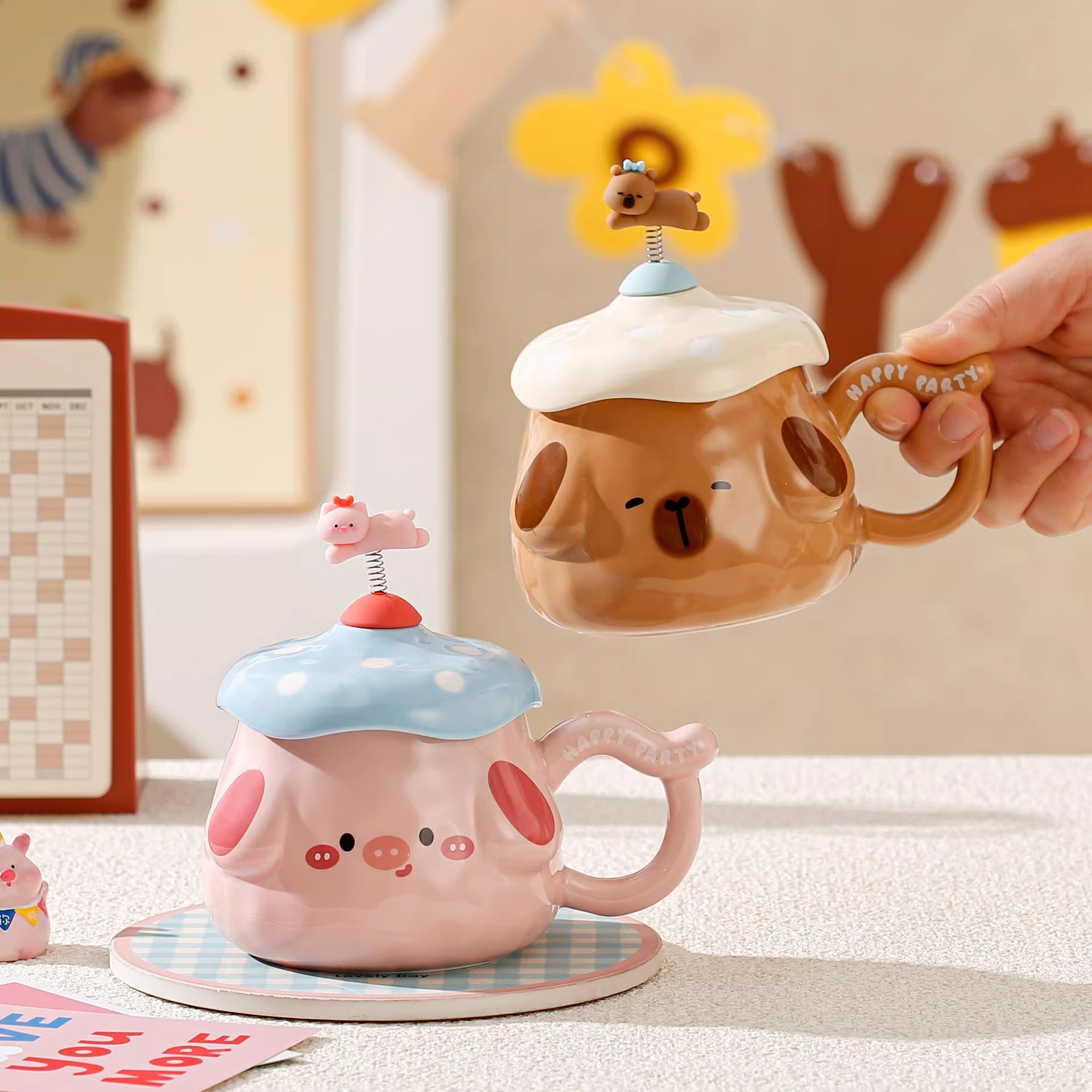 Curioso primavera pequeño animal cabeza de hongos cajas de regalo de alto valor de visualización sistema de curación taza de agua para un regalo de cumpleaños de una amiga