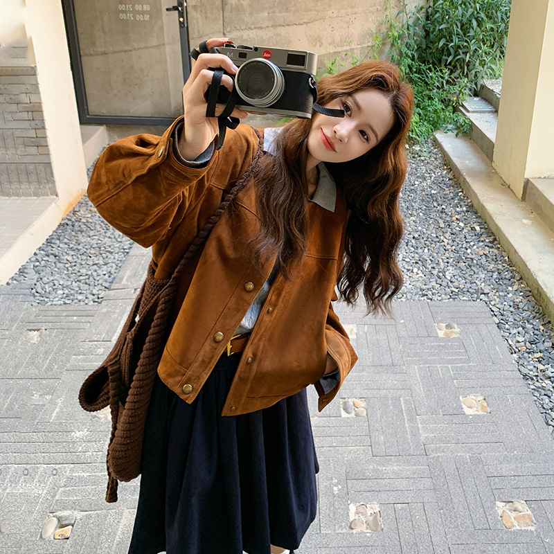 咖色麂皮绒气质短外套女2025年秋新款宽松显瘦气质减龄学院风上衣|undefined