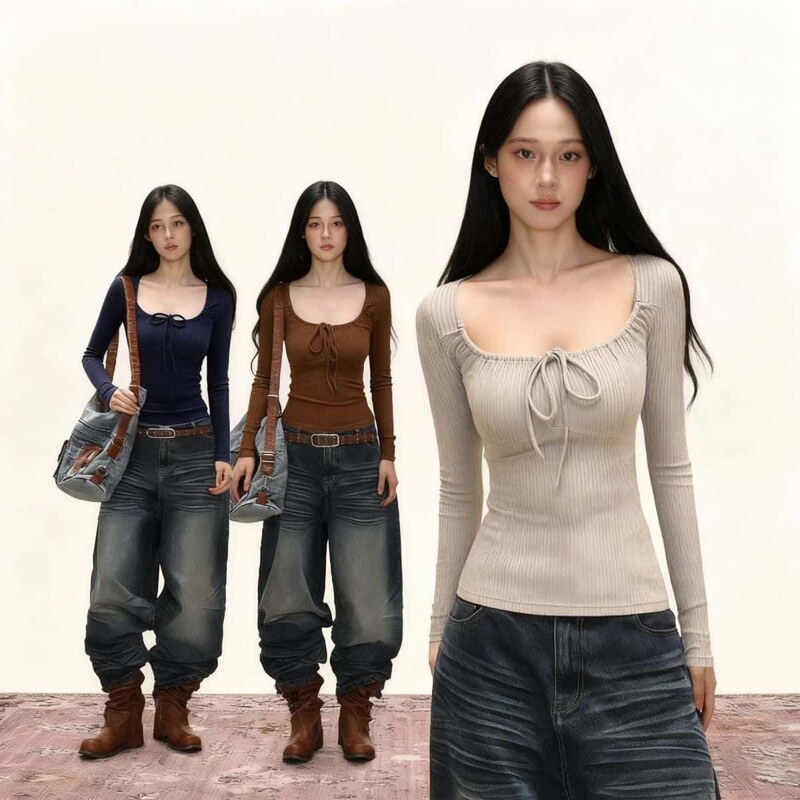 Purely alluring style, tie-neck square-neck knit long-sleeve T-shirt, autumn and winter slim-fit base top for women, mohair sleeveless tie-up top Purely alluring style, tie-neck square-neck knit long-sleeve T-shirt, autumn and winter slim-fit base top for women, mohair sleeveless tie-up top