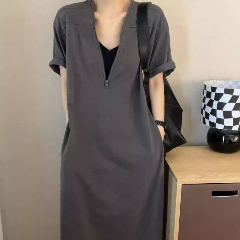 Plus Size mm Retro Hepburn Zipper Long Dress Women's Summer Versatile V Neck Skirt Loose Slimming Look Belly-Covering Long Skirt