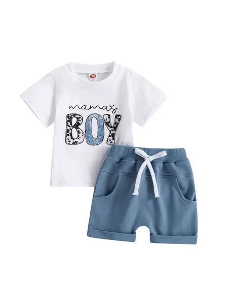 Amazon's Best-Selling Boys Summer Mama Boy Letter Printed Round Neck T-Shirt + Shorts Suit A2332
