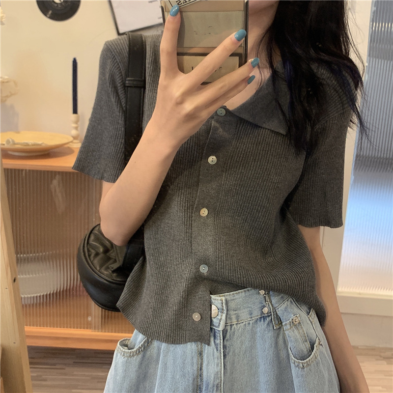 Ice Silk Knit Cardigan T-Shirt for Women, Thin Design, Niche Style, New Summer Model, Polo Collar, Short Bm Top, Short Sleeves
