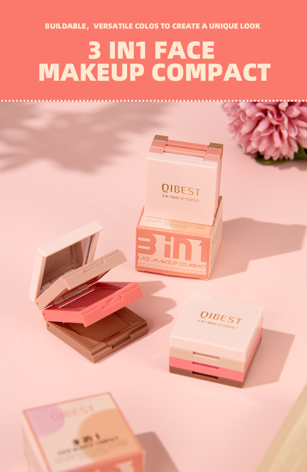 Qibest 3-in-1 Facial Makeup Box: Highlighter Blush, Pearlescent, Polarized, Three-dimensional, Matte, Natural, and powder-free eyeshadow palette details Picture