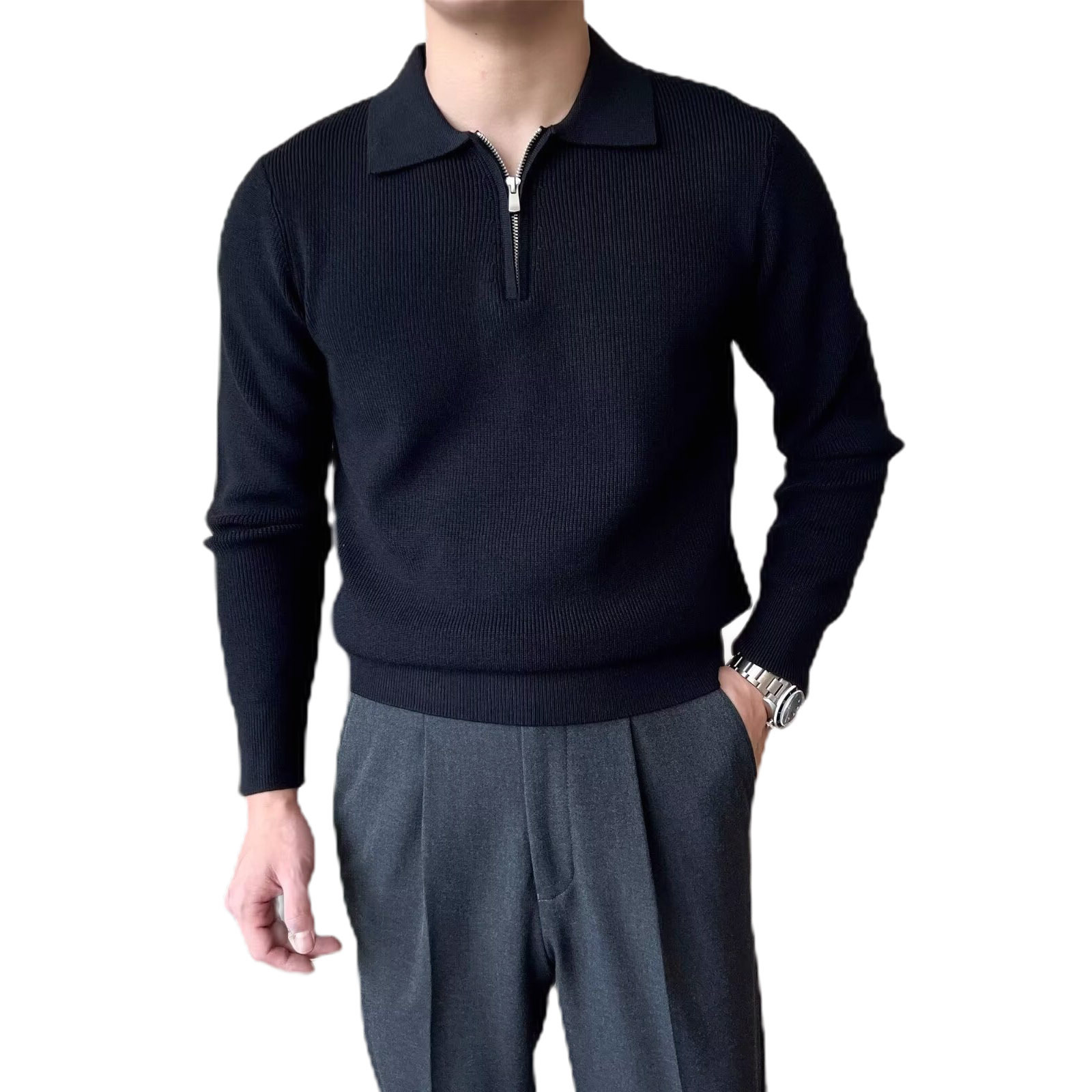 Explosiones transfronterizas de tamaño grande europeo polo camiseta con solapa camiseta de punto suéter hombre medio cremallera vieja fábrica de qianfengqiu mayorista