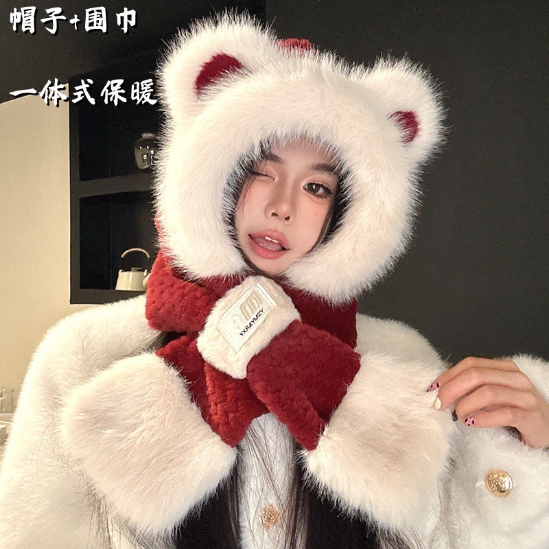 安哥拉红毛绒小熊帽子女2025冬季新款秋冬加厚保暖围巾手套一体|undefined