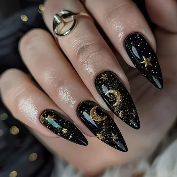 Black Almond-Shaped Cross-Border Hot-Selling Golden Shiny Star Wearable Nails European and American Cross-Border Wholesale