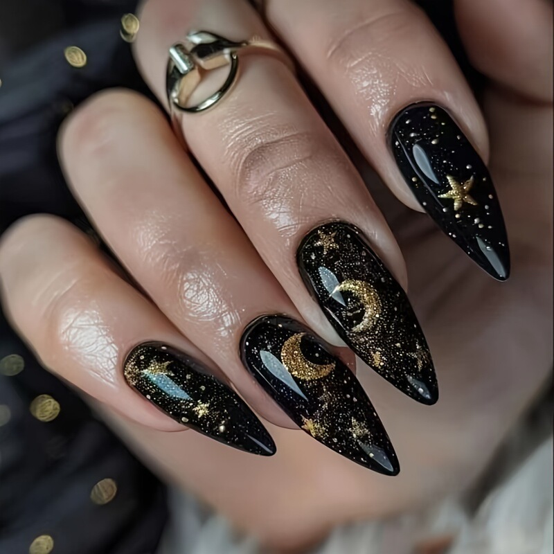 Black Almond-Shaped Cross-Border Hot-Selling Golden Shiny Star Wearable Nails European and American Cross-Border Wholesale