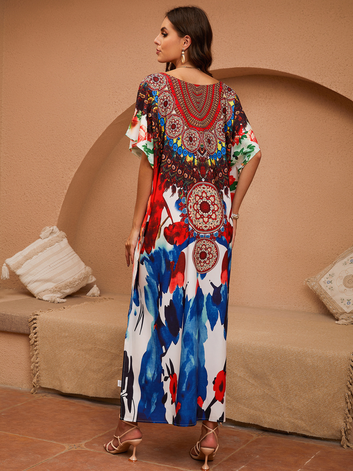 1D76 camisa de playa estilo mexicano impresa túnica de vacaciones de playa vestido bikini ropa de baño protector solar mujer