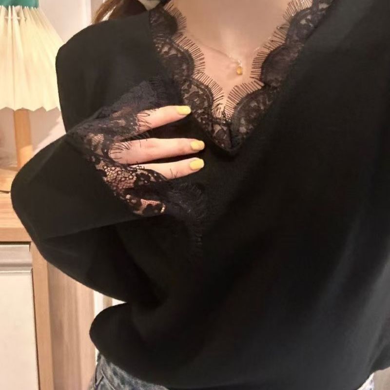 Plus Size Derong Pure Desire Slimming Look Long-Sleeved Slim Bottoming T-Shirt Autumn and Winter New Lace Splicing Lace Tight Top Plus Size Derong Pure Desire Slimming Look Long-Sleeved Slim Bottoming T-Shirt Autumn and Winter New Lace Splicing Lace Tight Top