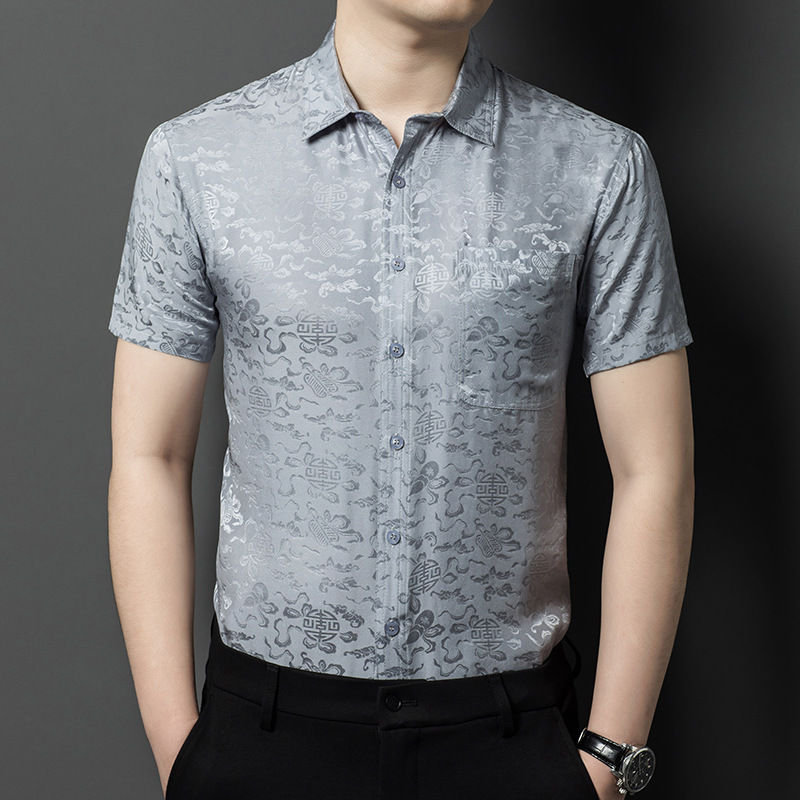 Men's Genuine 100% Mulberry Silk Chinese Style Short-Sleeved Shirt Summer New Middle-Aged Dad Thin Shirt