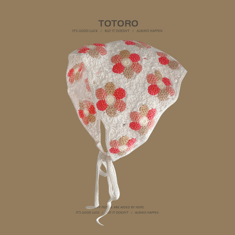 Francia cereza toallas triangulares mujeres primavera y otoño viajes padres-hijos gancho de punto flores hueco pañuelo de arte correa de pelo gorro