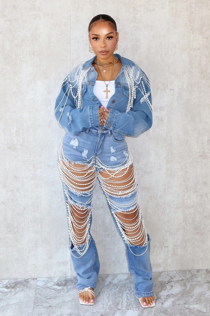 Women's Denim Jacket With Pearl Embellishments Vintage Style_voghion.com