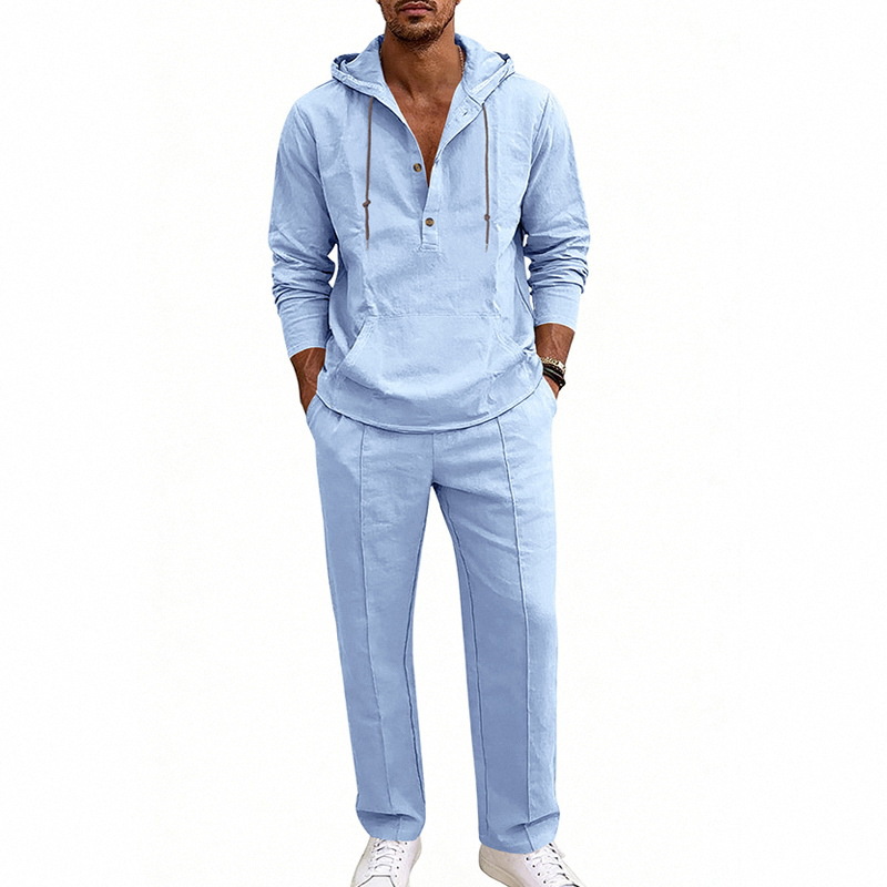 Completo da uomo in lino con cappuccio e pantaloni, vestibilità ampia, stile americano, casual, per vacanze e tempo libero, maniche lunghe._voghion.com