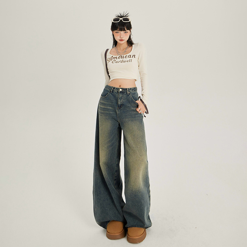 [Jinyin] American Retro Nostalgic High Waist Loose Wide Leg Pants All-match Autumn and Winter Straight Denim Trendy Pants for Women