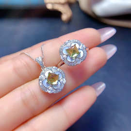 豪华珠宝天然糖塔橄榄石套装戒指吊坠空托925银精工镶嵌5*5mm