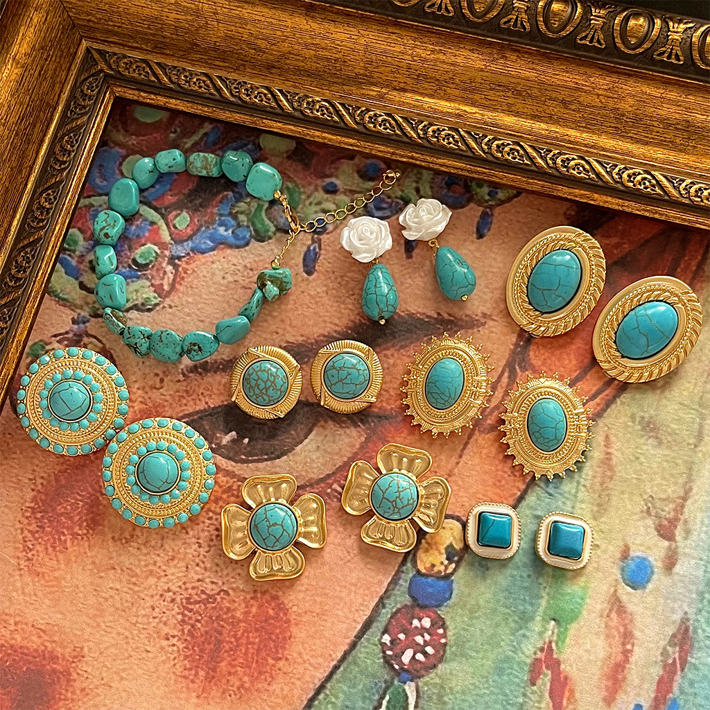 5g Weight Bracelets, Earrings Classification Copper Material Star, Turquoise, Oval Pattern 1999 Vintage Turquoise Gold Earrings Collection Vintage Bohemia Style Grids Geometric Pattern Copper Jewelry Women Fashion Accessories 1