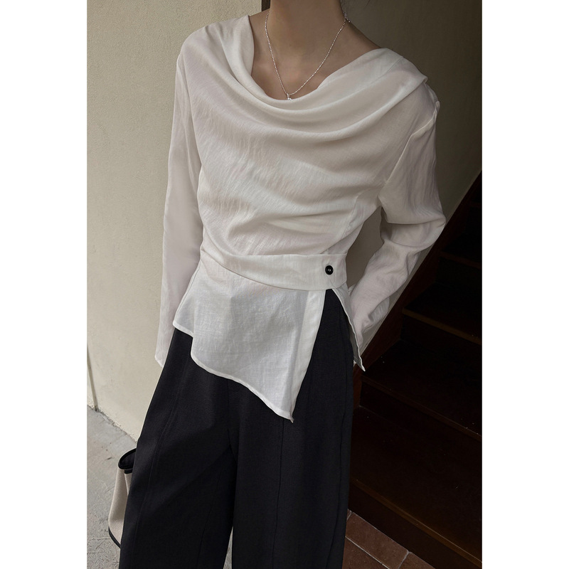 Women's T-shirt with tie-waist, Tencel cotton, elegant drop-shoulder sleeves, slit design, slimming effect, suitable for commuting, autumn style, model YE0192 Women's T-shirt with tie-waist, Tencel cotton, elegant drop-shoulder sleeves, slit design, slimming effect, suitable for commuting, autumn style, model YE0192